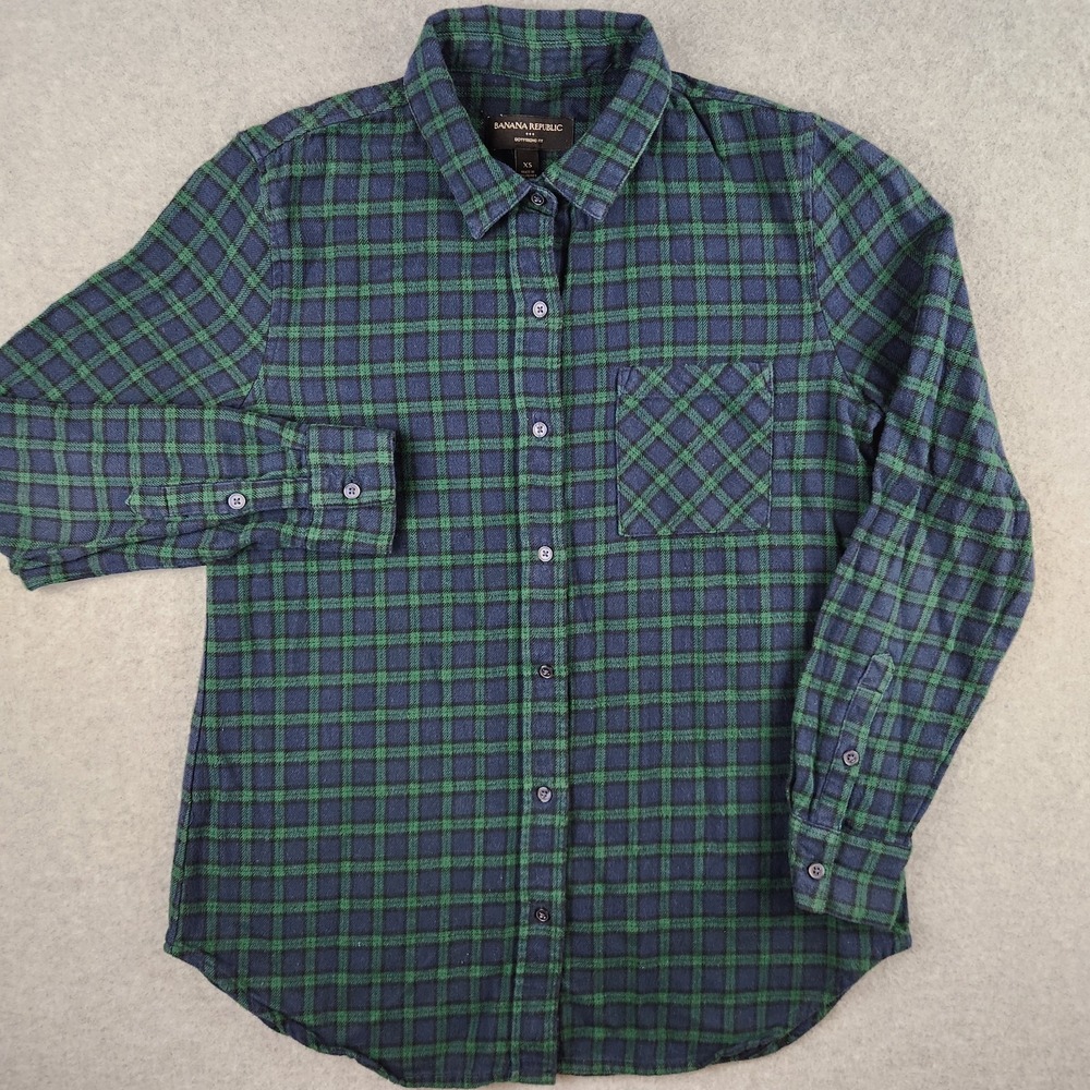 Banana Republic Flannel Shirt Boyfriend Fit Women's Size XS Green Plaid